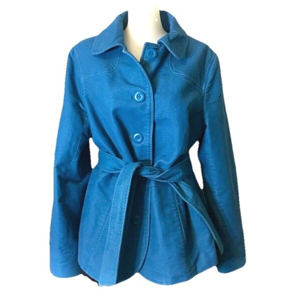 L.L. Bean Jackets & Blazers - LL Bean Coat Womens  Large Pea Blue Cotton Button Up Belted Collared Jacket Y2K
